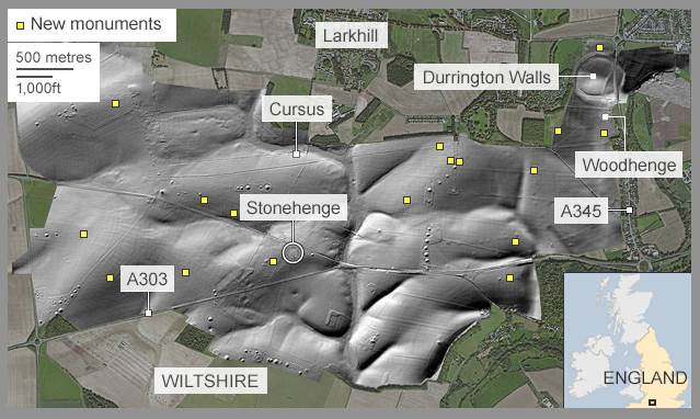 Stonehenge não estava sozinho. Pelo contrário, fazia parte de uma rede de inúmeras estruturas arqueológicas. (Ludwing Boltzam Institute, University of Birmingham / Microsoft)