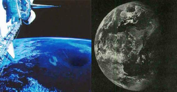 À esquerda, foto de satélite ESSA-7 de 1968 mostrando uma abertura no Pólo Norte, à direita foto da nave Apolo 11 de 1969 também mostra a mesma abertura.